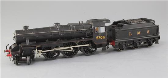 A scratch built O gauge LMS Black 5 4-6-0 tender locomotive, number 5706, black livery, 3 rail, overall 45cm